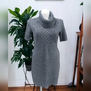 LOFT Gray Sweater Dress Size Large Turtleneck  Wool Cotton  Blend Short Sleeve